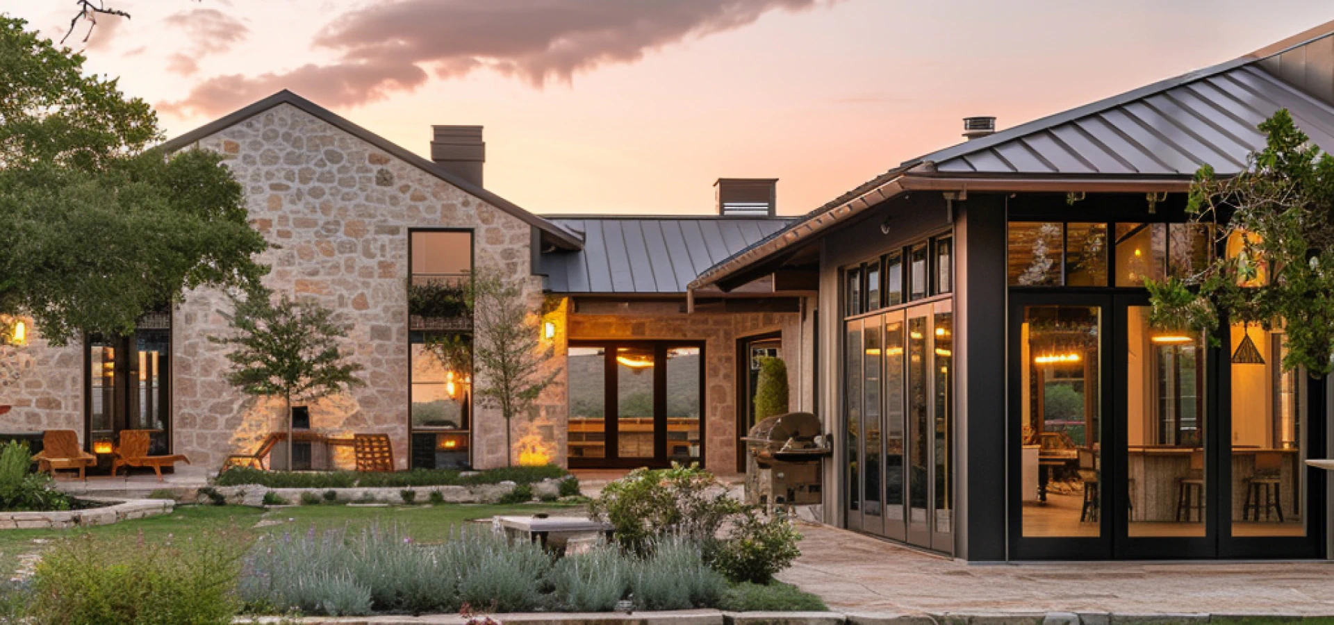 exterior view of a house with lighting installation